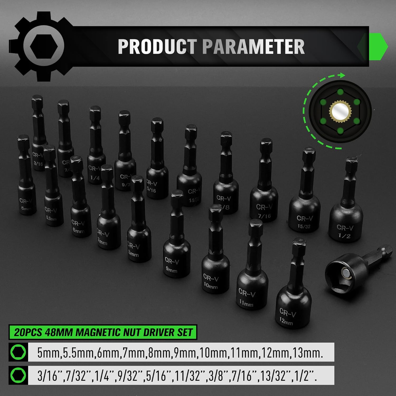 20-Piece Magnetic Nut Driver Set, Metric & SAE 1/4″ Hex Shank, Drill Socket Set,