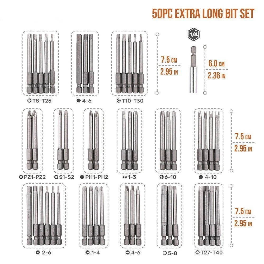 50Set Extra Long Security Bits Hex Torx Star Spline Flat Screwdriver Bit w/Case