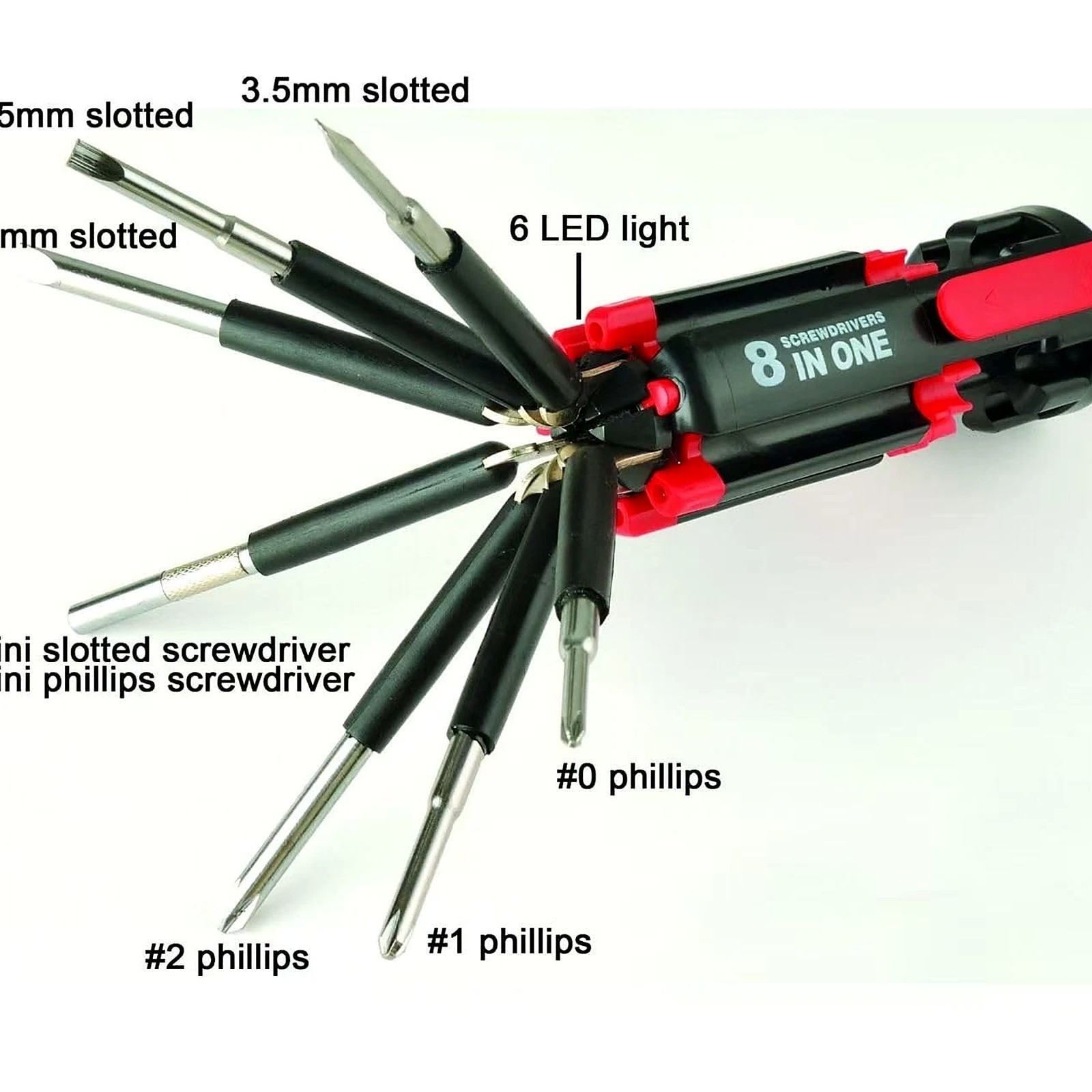 8 In 1 Portable Multifunctional Screwdriver 6 LED Light Slotted Phillips Folding