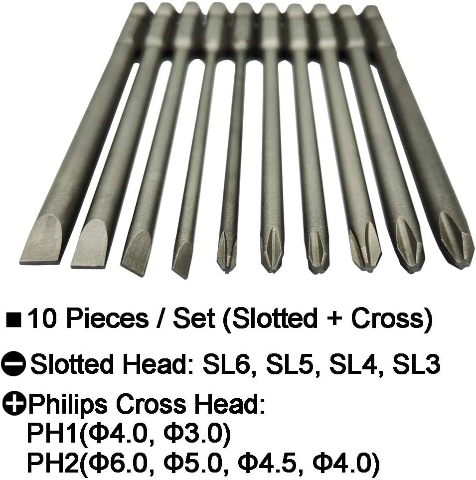 Long Slotted Head And Cross Phillips Screwdriver Bit Sets With 1/4 Inch