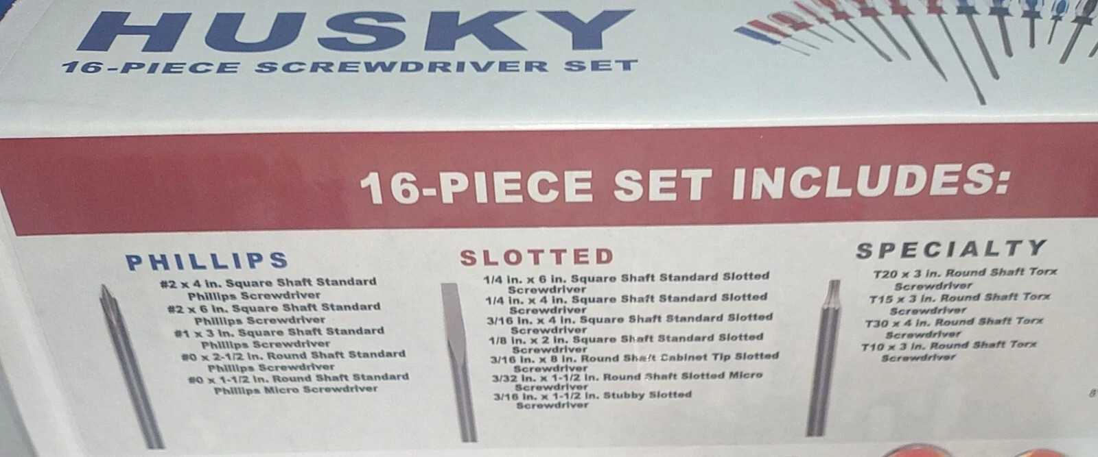 Husky 16 Piece Screwdriver Set Phillips Slotted Torx Brand New