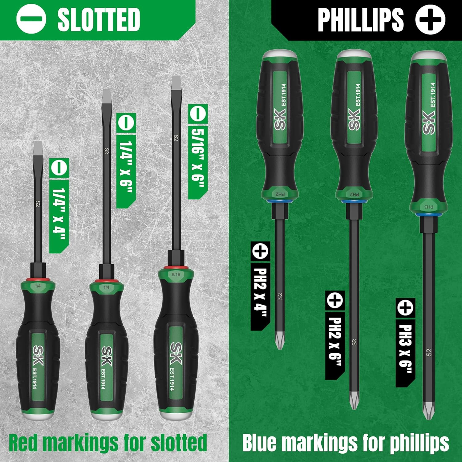 6-Piece Heavy Duty Screwdriver Set, Demolition Driver, Slotted and Phillips, S2