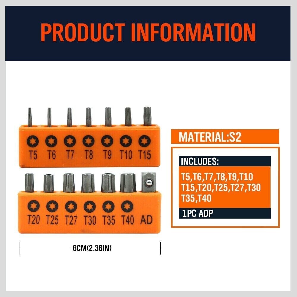 Torx Hex Bit Set Security Tamper Proof Torq Star Resistant S2 Steel T5 -T40 14PC