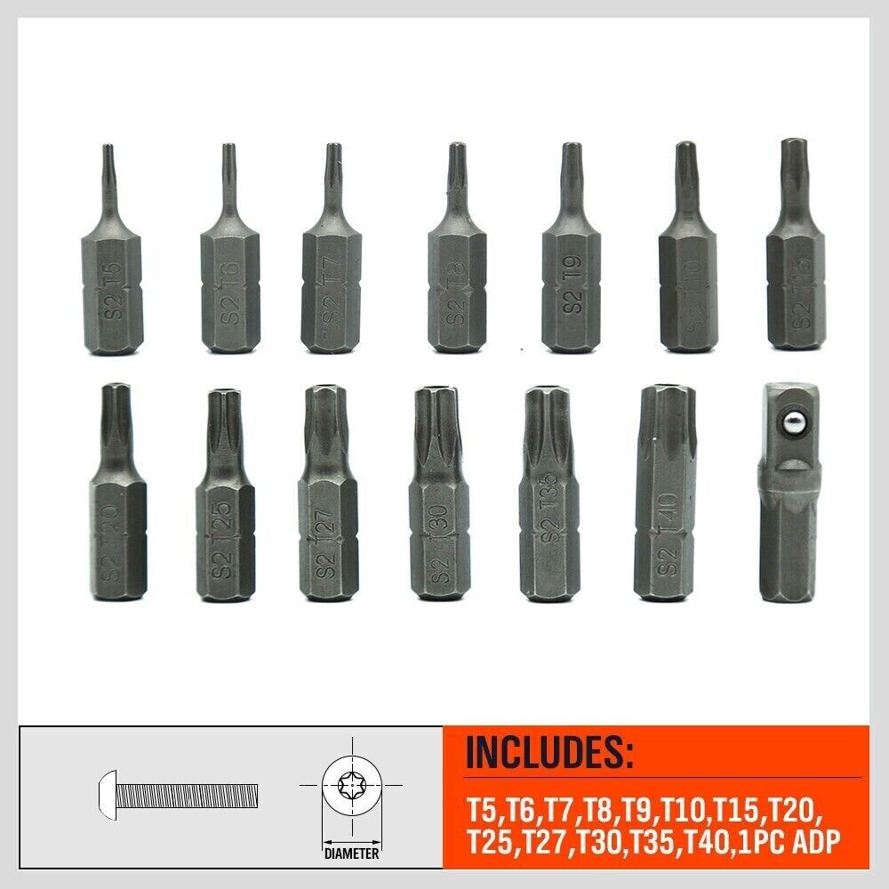 Torx Hex Bit Set Security Tamper Proof Torq Star Resistant S2 Steel T5 -T40 14PC