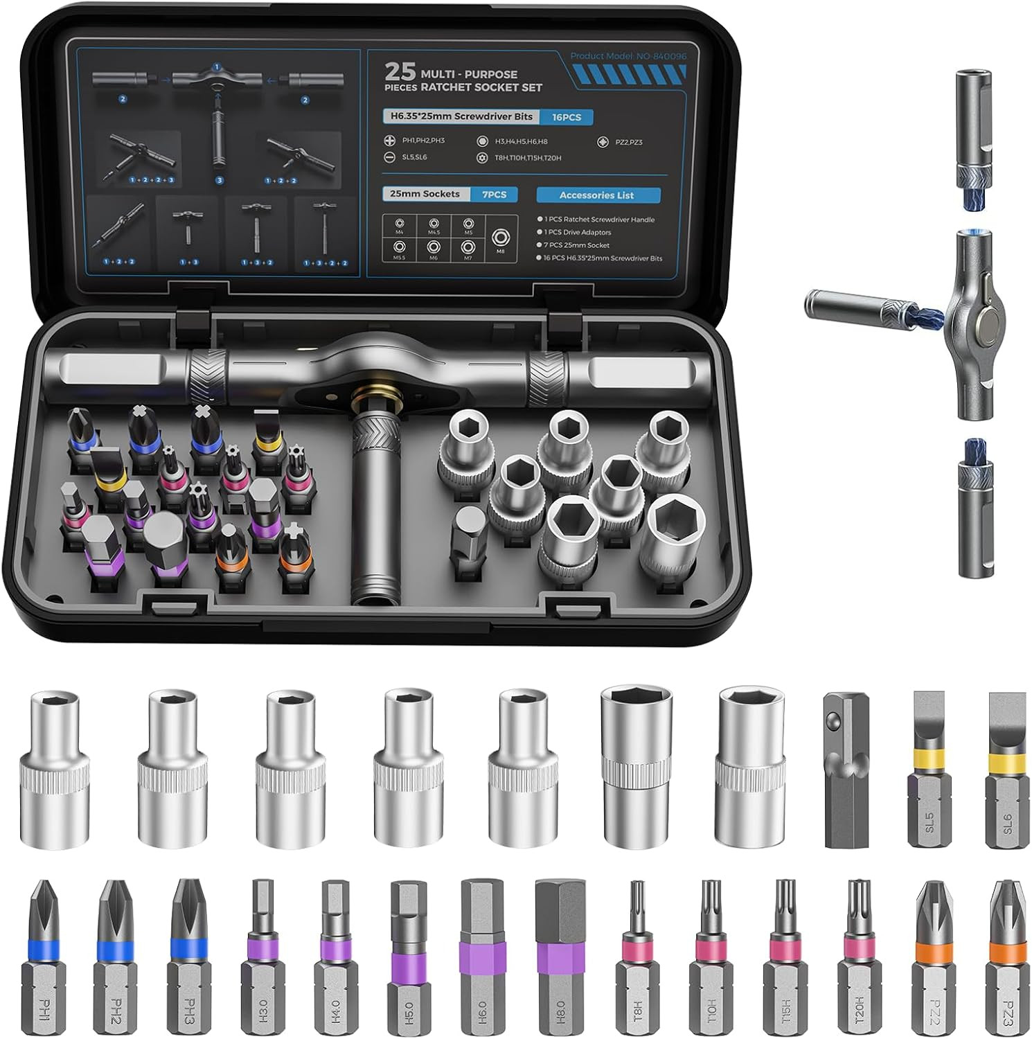 25 in 1 Magnetic Ratchet Screwdriver Set, S2 Steel Bits & 7 CR-V Sockets, Flexib