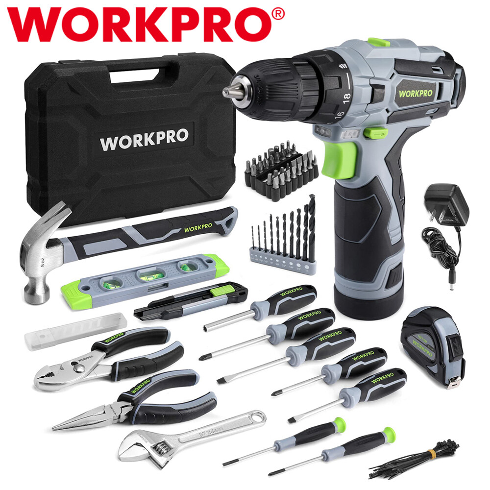 WORKPRO 108PCS Home Tool Kit with Drill 12V 1.5 Ah Powered Screwdriver Tool Kits