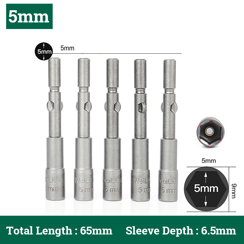 Deepen Hex Magnetic Nut Driver Socket 5mm Round Shank Impact Drill Bits 5-19mm