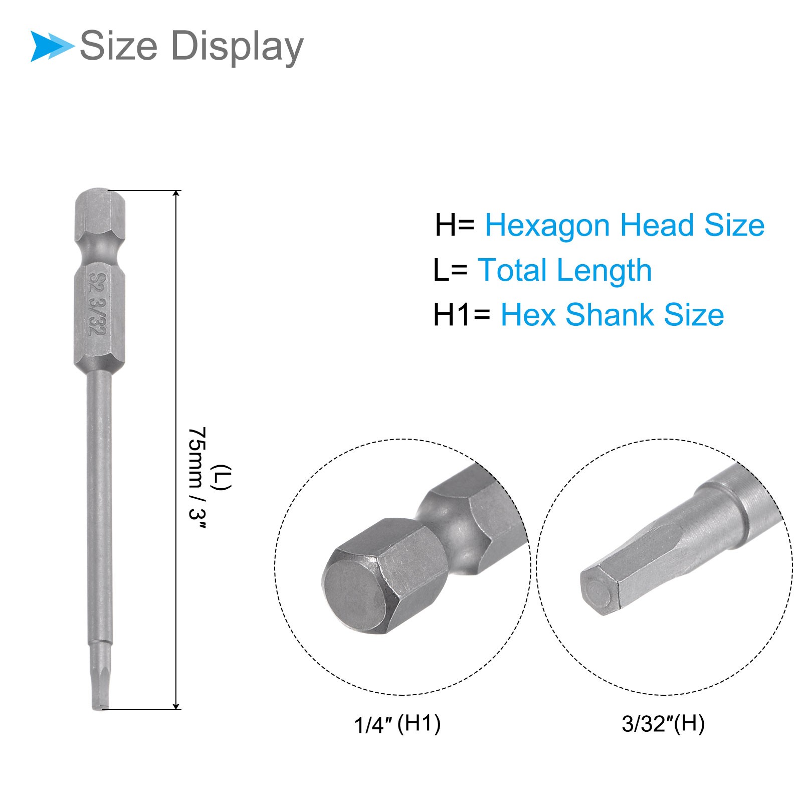 Hex Screwdriver Bits 3/32″ Hex 75mm Length 1/4″ Hex Shank Steel Magnetic