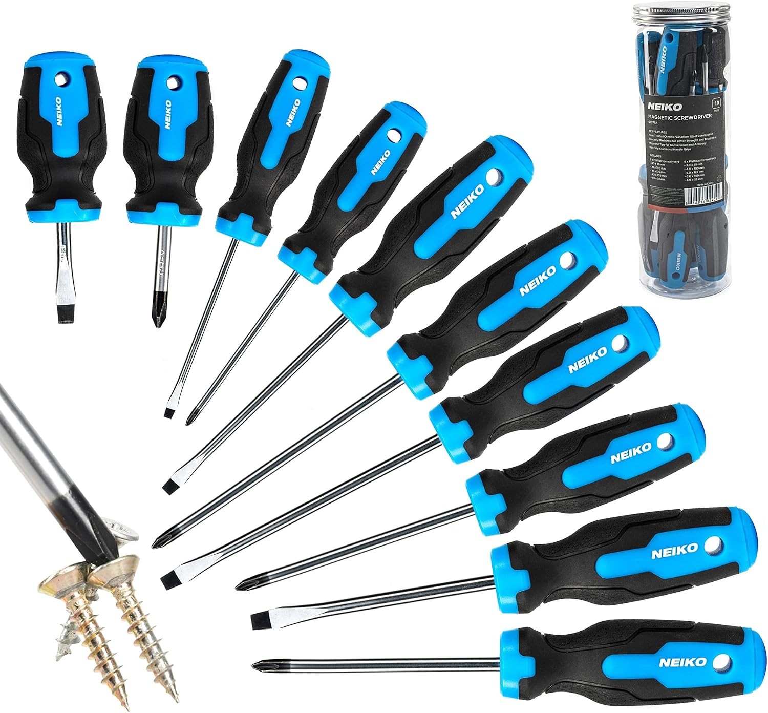 NEIKO 01378A Magnetic Screwdriver Set | 10 Piece | Pack of 1, Blue and Black