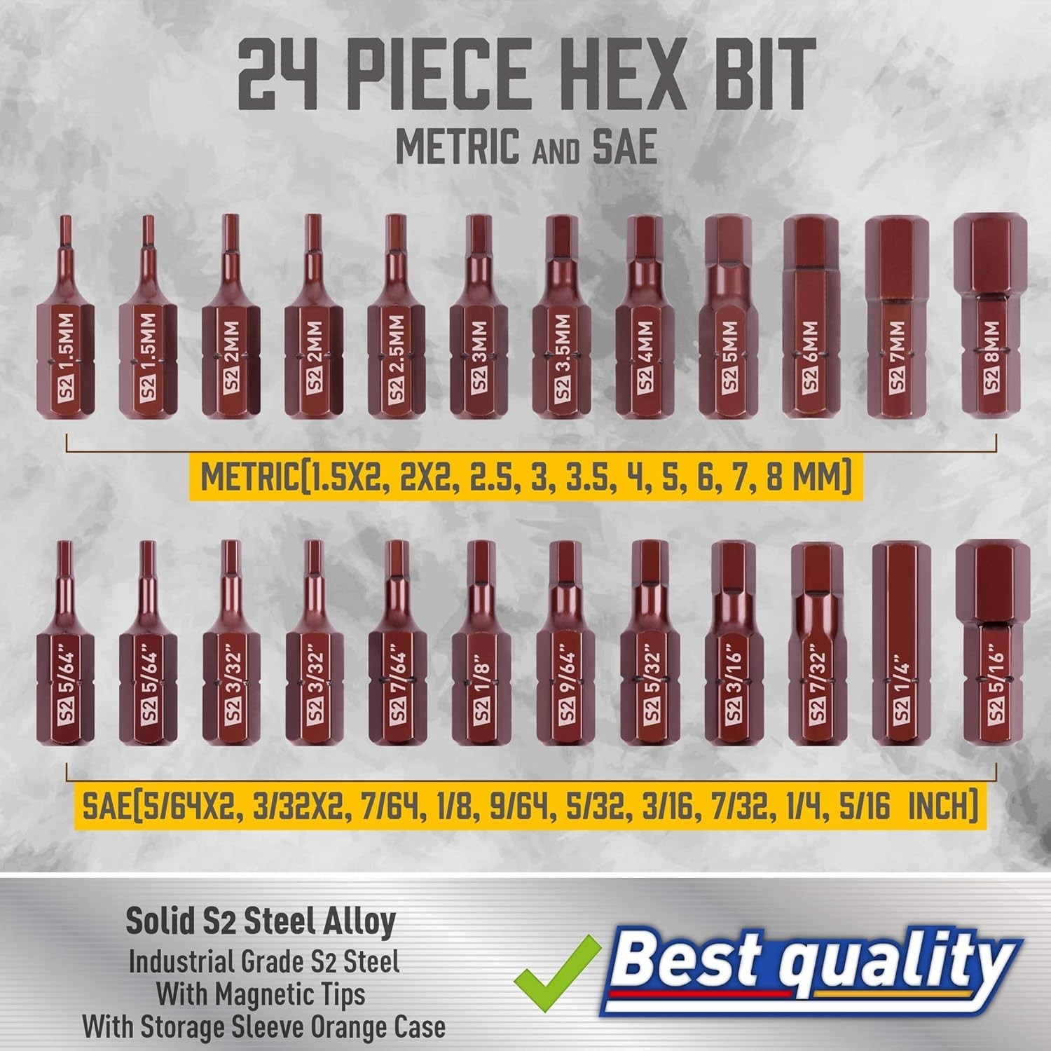 24-Piece Hex Head Allen Wrench Drill Bit Set, Metric and SAE S2 Steel Hex Bits