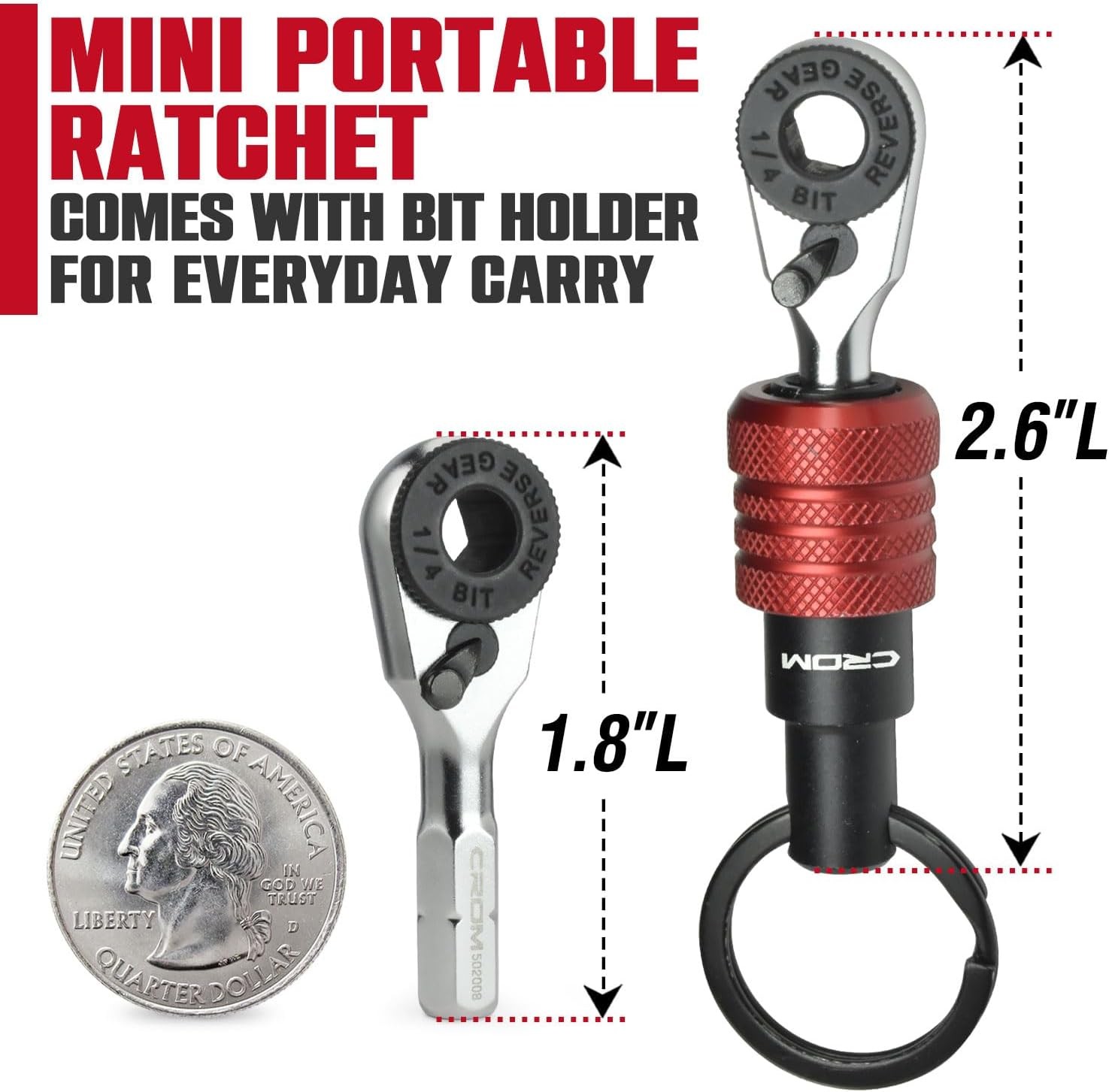 CROM EDC Mini Ratchet Wrench – 1/4-Inch Hex End Multitool Accessory with Bit H