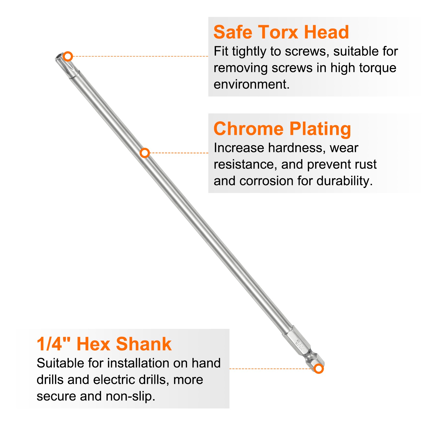 T30 Security Torx Bit 1/4″ Hex Shank 8″ Long Tamper Resistant Star Bits