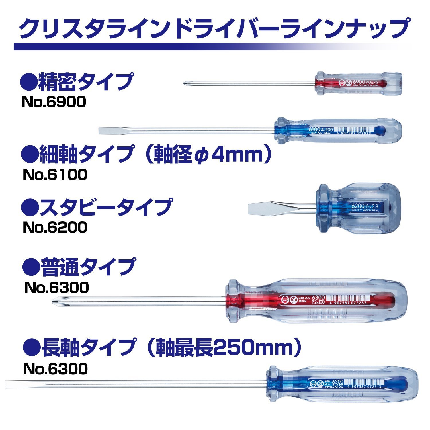VESSEL CRYSTALINE Screwdriver Thin Shank Type -4,+0,1,2, 50-250mm No.6100
