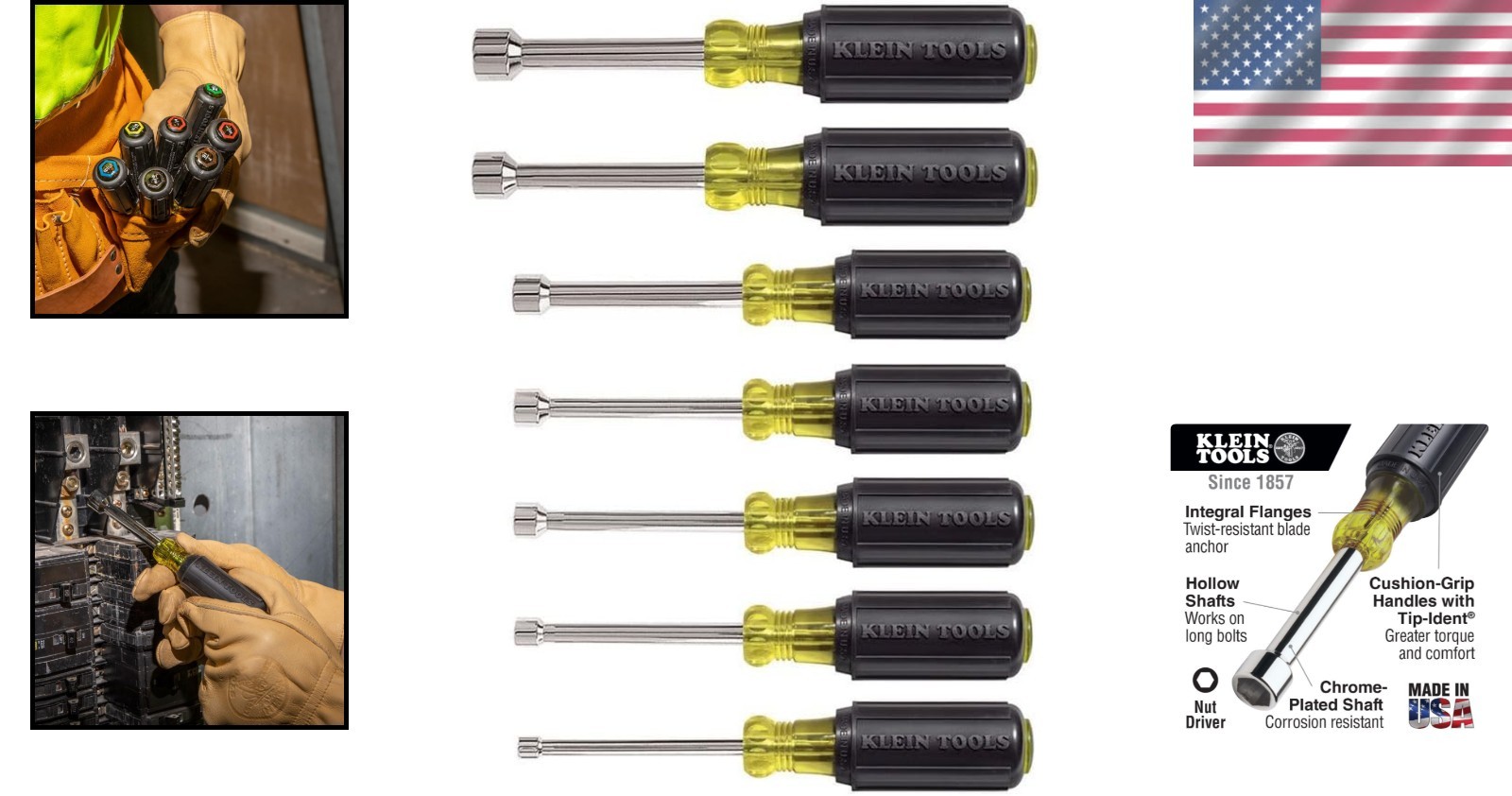 Klein Tools 631 7pc Nut Driver Set, Hollow Shaft, Comfort Grip