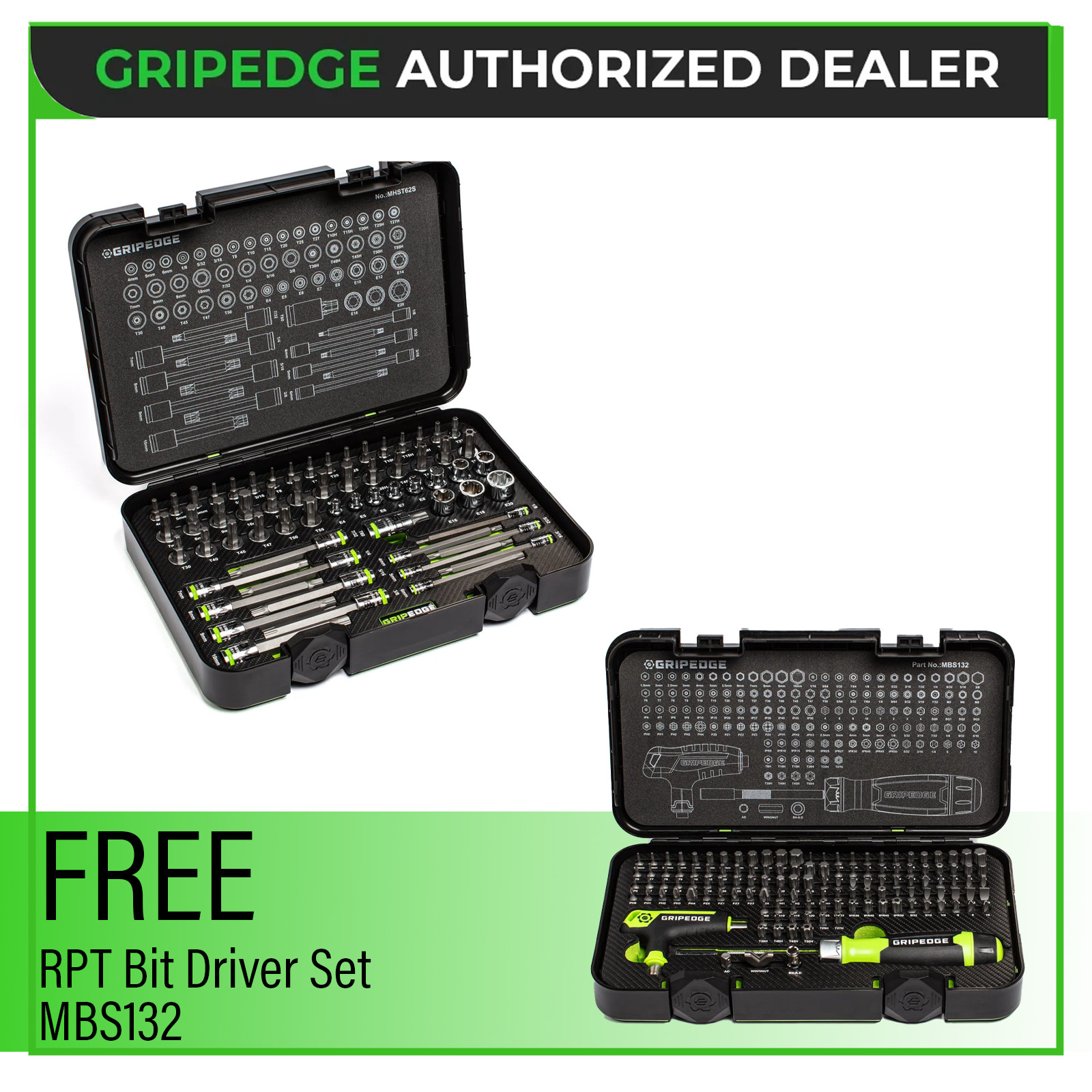 GRIPEDGE MHST62S RPT Hex & Star 3/8″ Driver Set + Free MBS132 132 Bit Set
