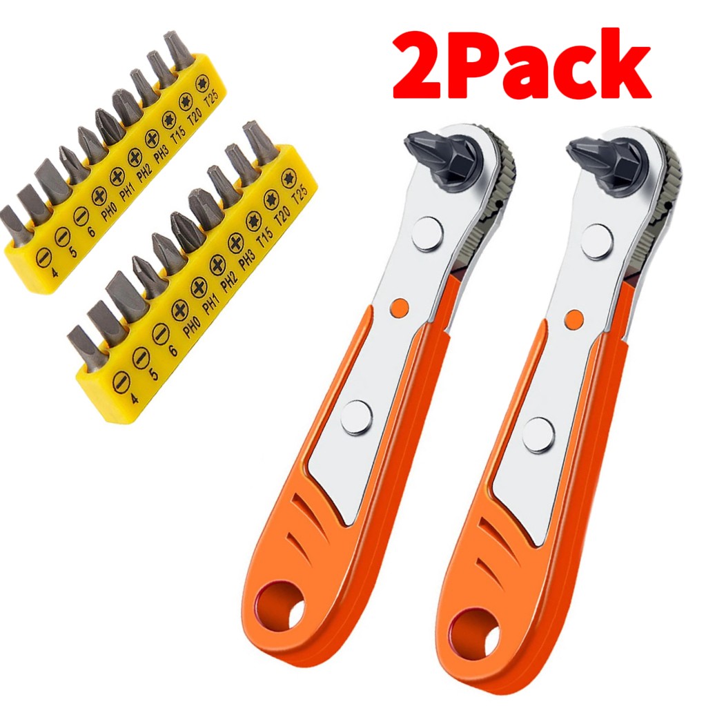 Ratcheting Right Angle Screwdriver Hex Drive 90 Degree Offset + 10PCS Bits Set