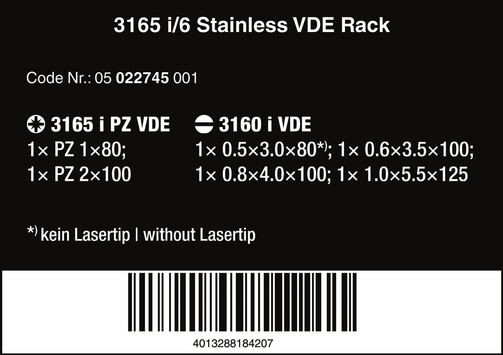 Wera 3165 i/6 VDE Stainless Steel Screwdriver Set With Rack 6 Pieces 05022745001
