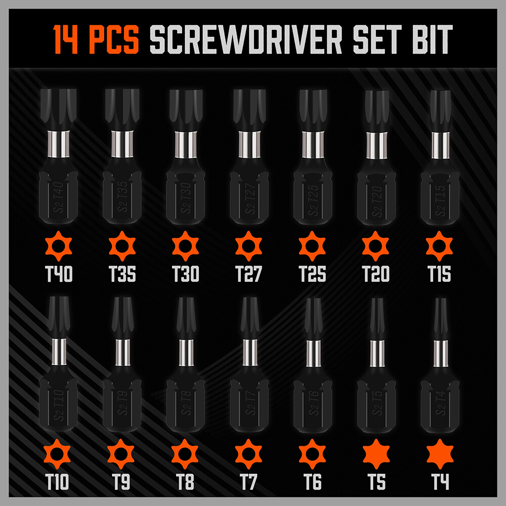 HORUSDY 15pcs Impact Tamper Resistant Star Bits Magnetic 1/4 Hex Shank S2 steel