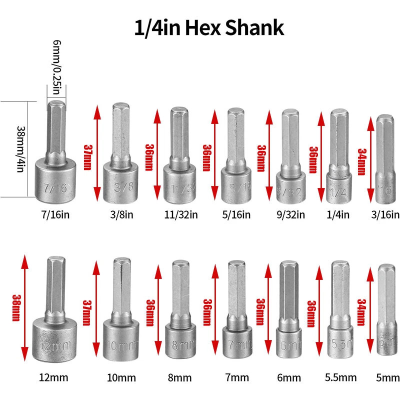 14pc POWER NUT Driver Bit Set Dual 1/4 Quick Change SAE & Metric MM Detent Shank