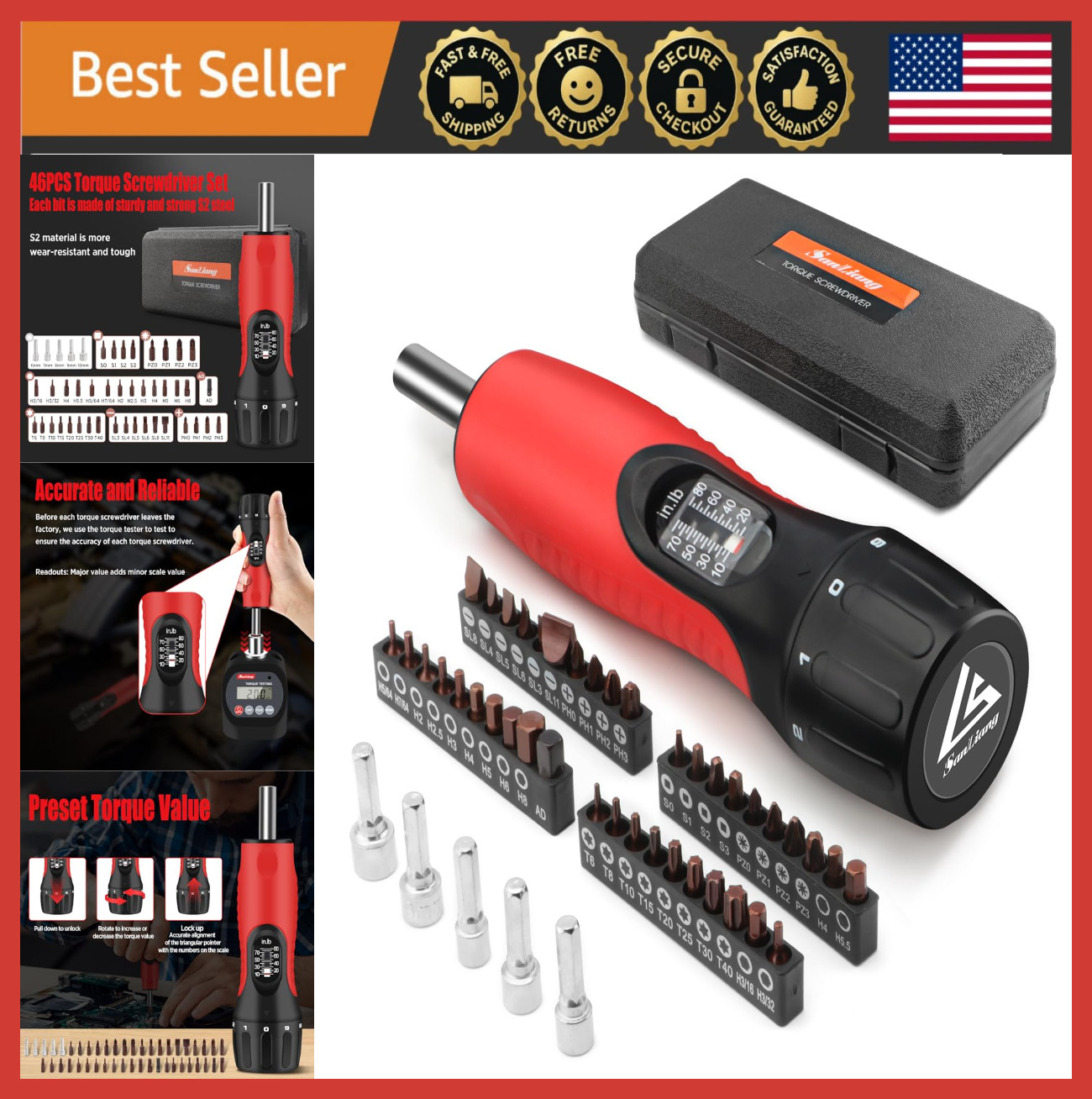 46Pc Torque Screwdriver Set 10-80 in-lbs, S2 Bits, Sockets for Bike Repair & Too