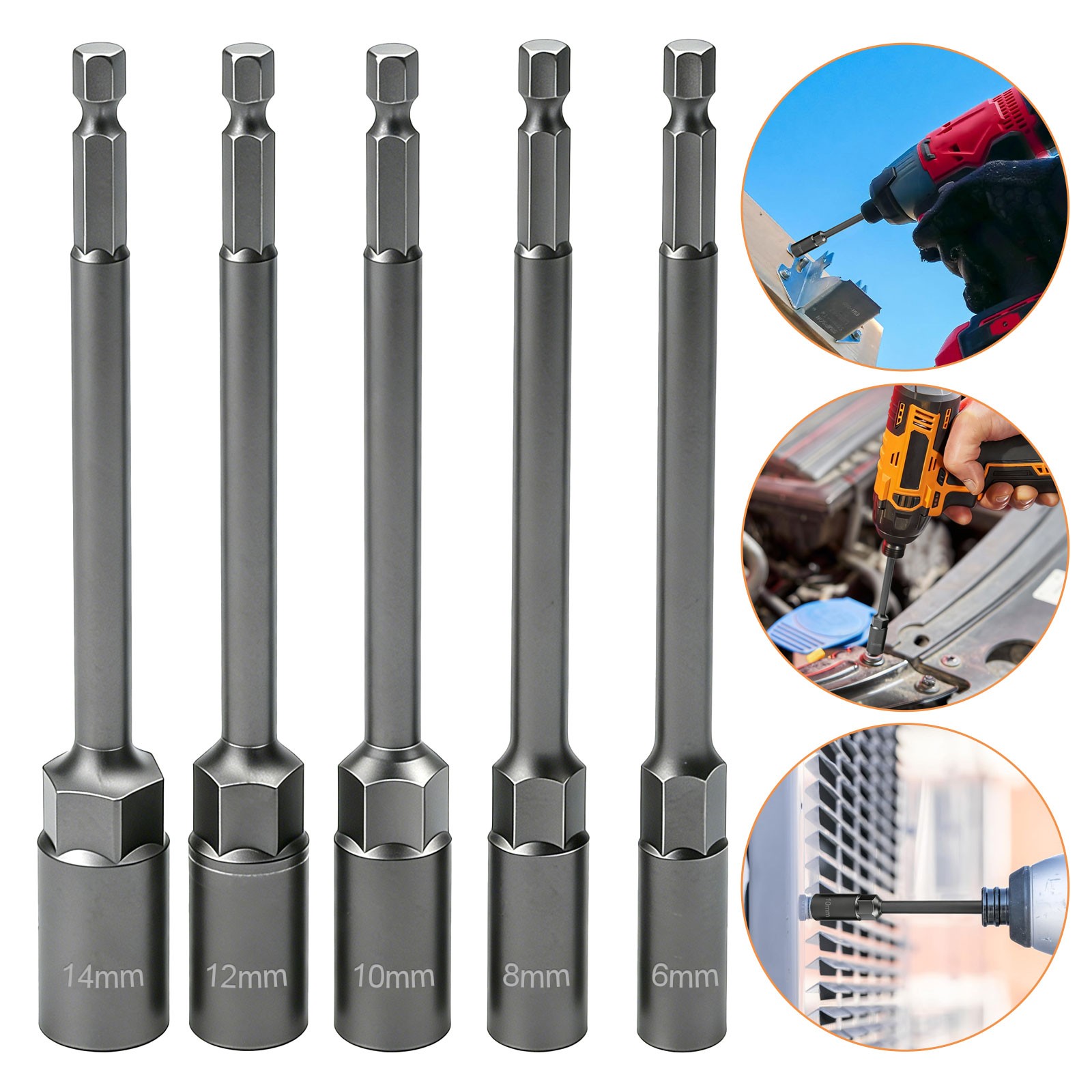 5 x Magnetic Nut Driver Set Metric 6–14mm 1/4″ Hex Shank Deep Impact Socket Bits