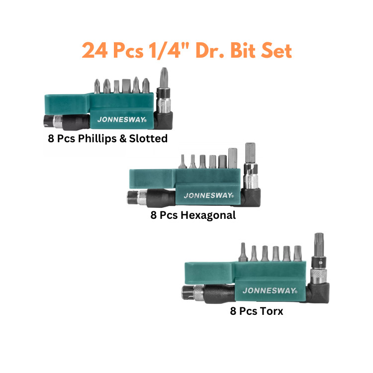 JONNESWAY 24 Pcs 1/4″ Dr Bit Set ( 8xPHILLIPS, SLOTTED, 8xHEXAGONAL & 8xTORX )