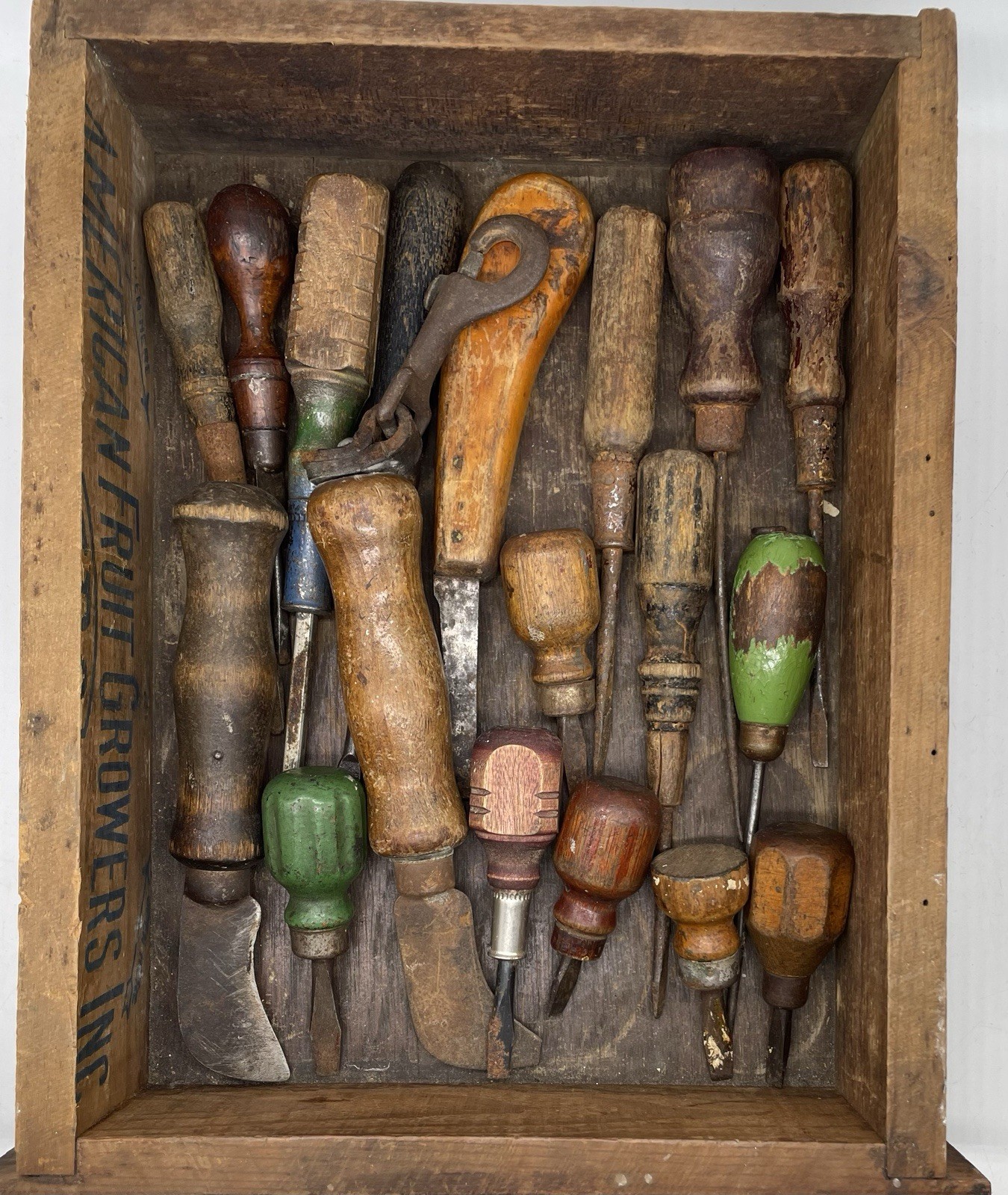 Antique Wood Handle Screwdrivers & Hand Tools In Primitive Wooden Box