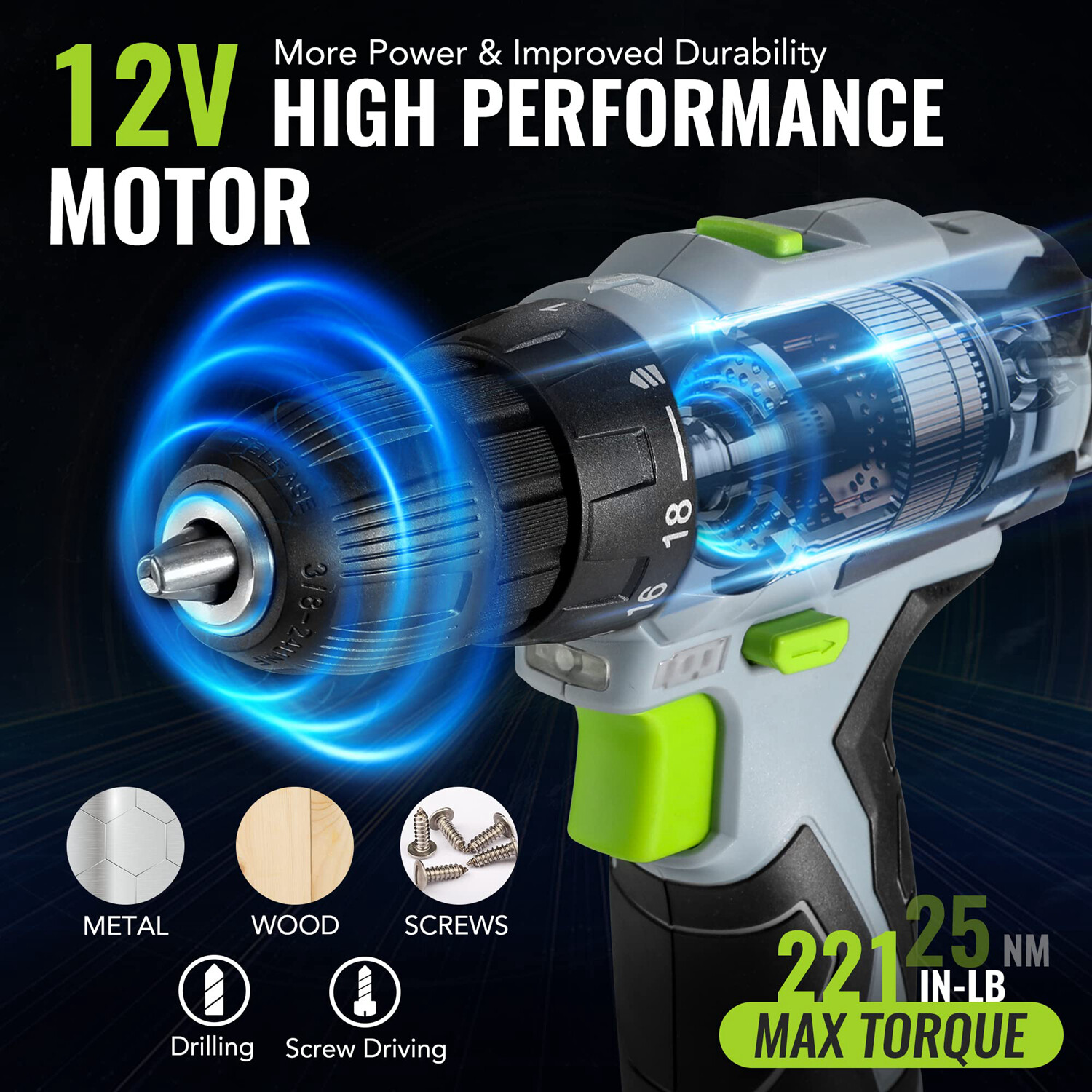 WORKPRO 108PCS Home Tool Kit with Drill 12V 1.5 Ah Powered Screwdriver Tool Kits