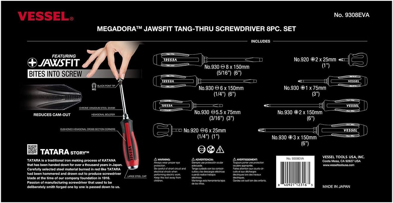 VESSEL MEGADORA Tang-Thru Screwdriver Set 8pcs. 9308EVA (EVA Foam set/Tang Thru)