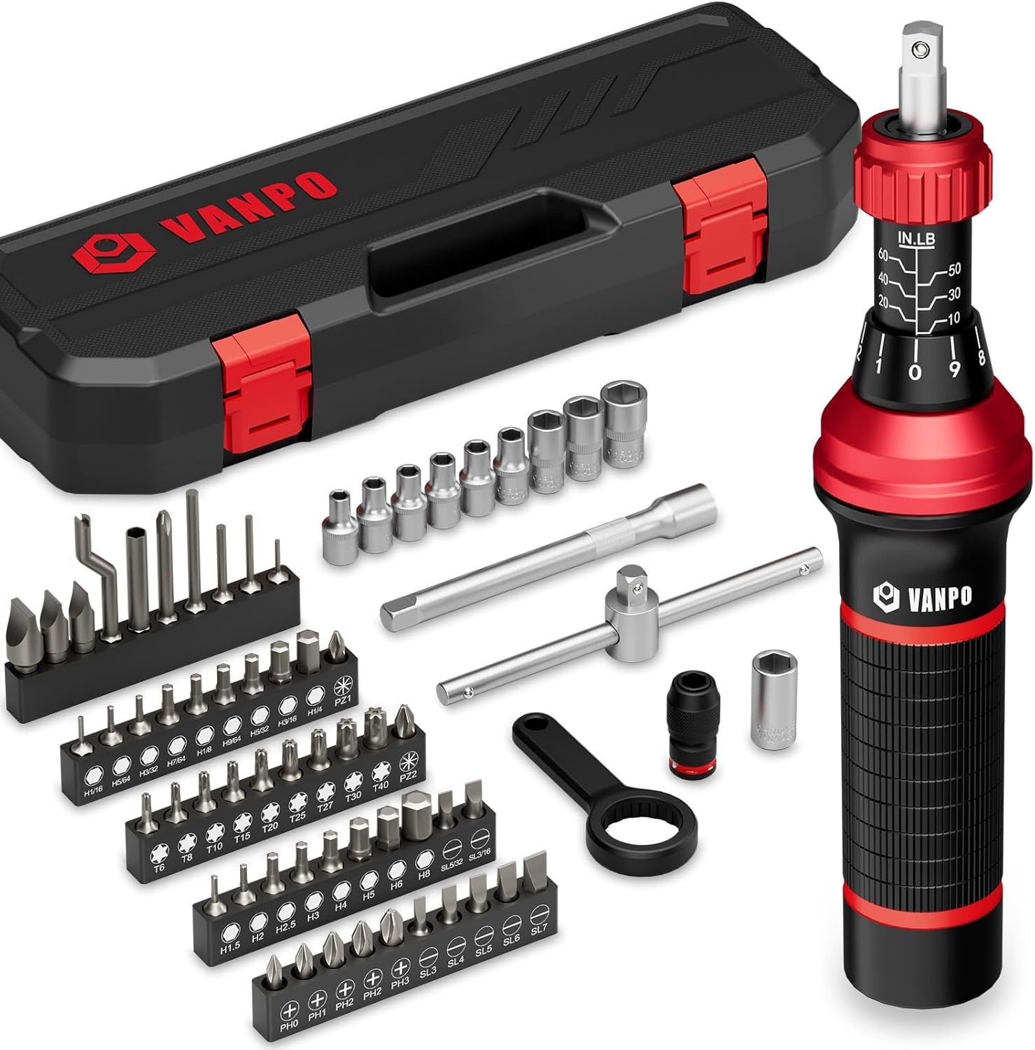 Torque Screwdriver Set, 10–60 in-lb, 64 Pcs 1/4″ Drive Torque Wrench Screwdriver