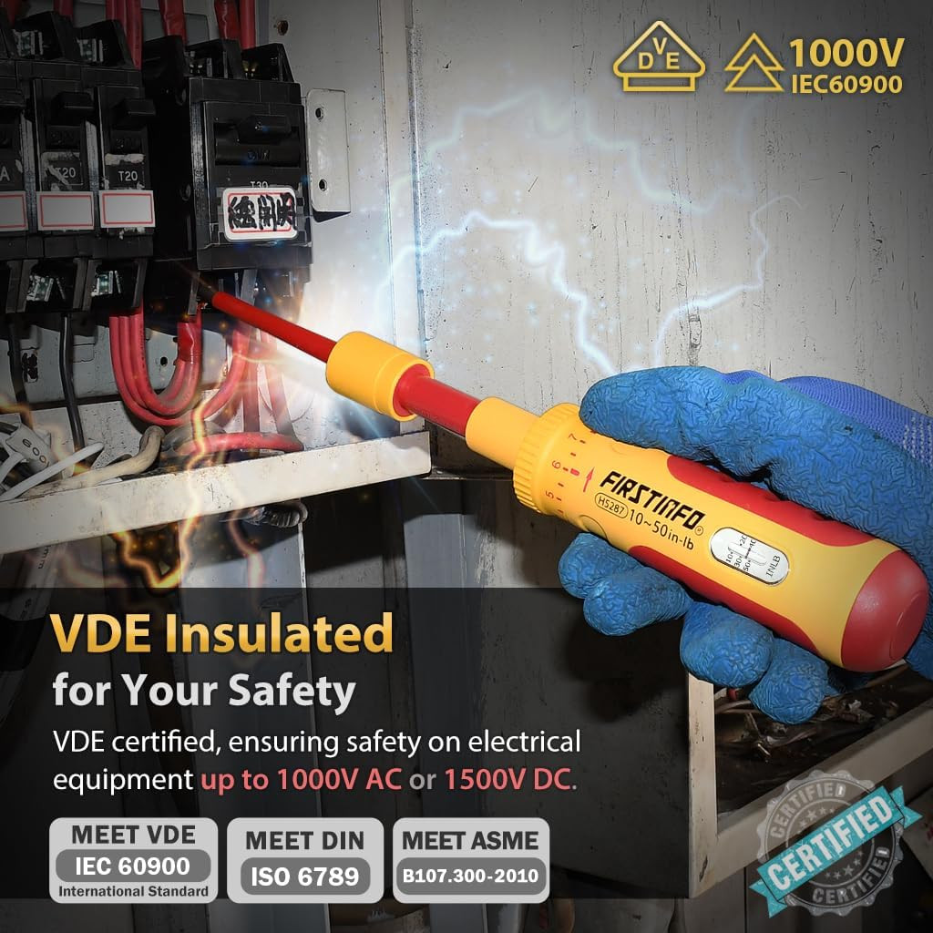 FIRSTINFO H5287 VDE Insulated Torque Screwdriver Set with 8 Bits, 10-50 In-Lbs