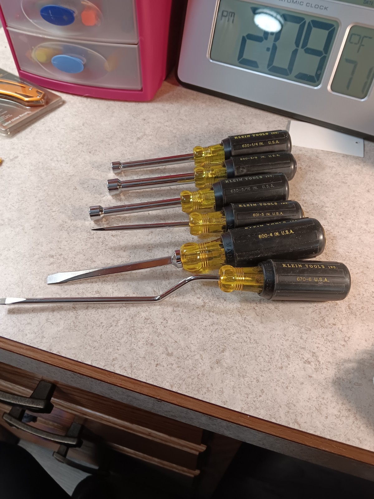 Klein 3 Screw Drivers 3 Nut Drivers 630 1/4 5/16 3/8 670-6 600-4 600-3 USA
