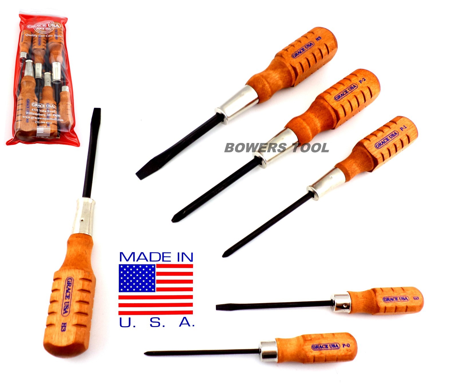 Grace 6pc Screwdriver Set Phillips Flat Hone Mechanic Wood Handle HCS-6 USA Made