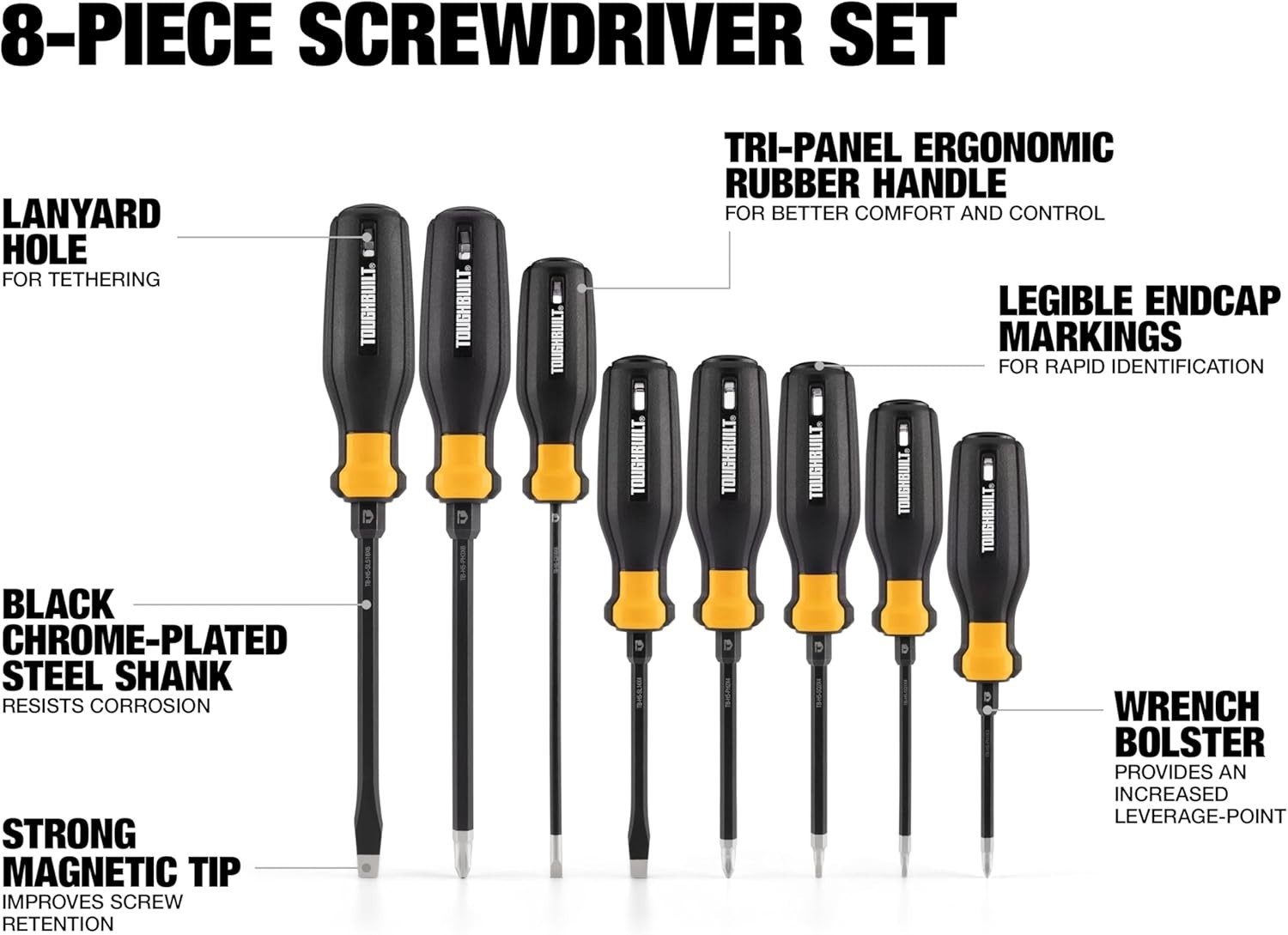 ToughBuilt – 8-Piece Screwdriver Set, Heavy-Duty Magnetic Tip Screwdrivers