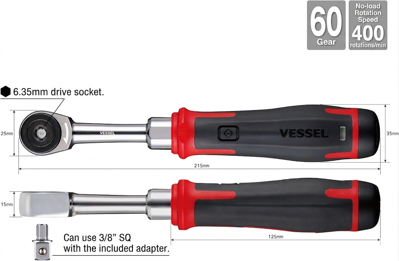 VESSEL 400ER3 Cordless Electric Slim Ratchet 3/8″ Drive USB-C 400RPM Japan New