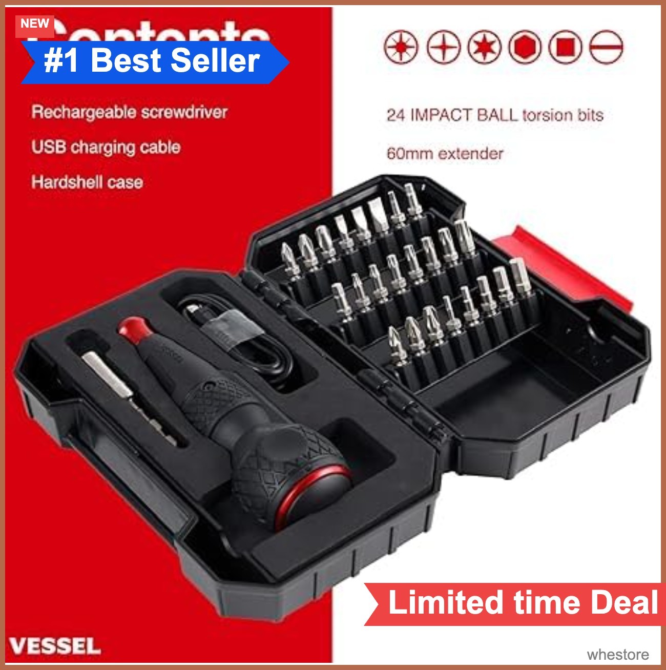Electric Screwdriver 3.6V 800mAh Rechargeable 25 Piece Bit Set LED Light Case