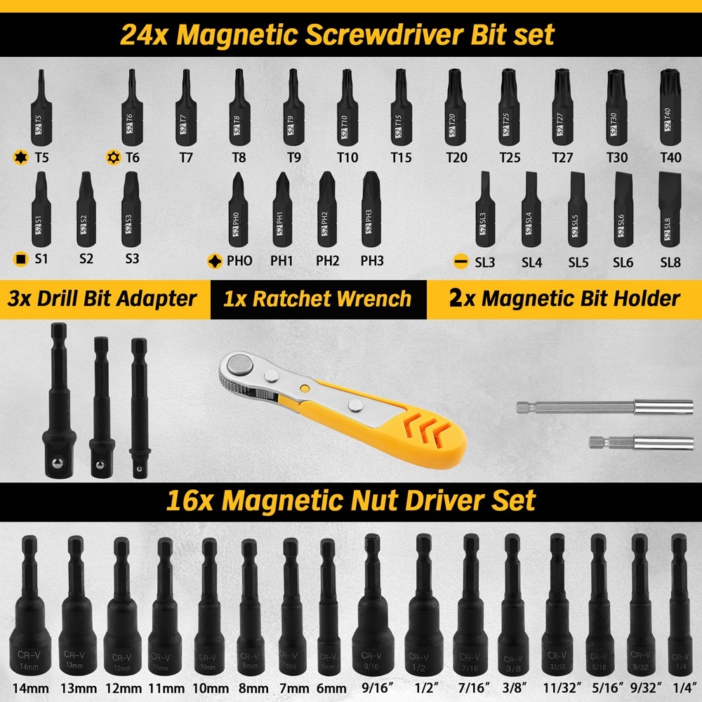 47PC Magnetic Impact Nut Driver Screwdriver Bit Set 1/4″ Hex Shank Quick Change
