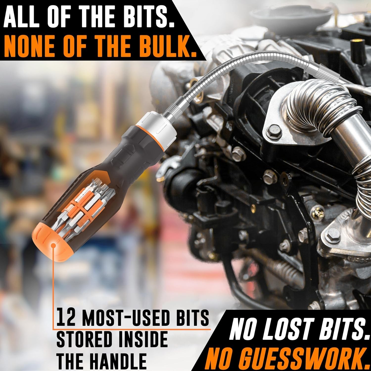Mutt Tools 12 in 1 Ratcheting Flexible Screwdriver for Tight Orange, Gray