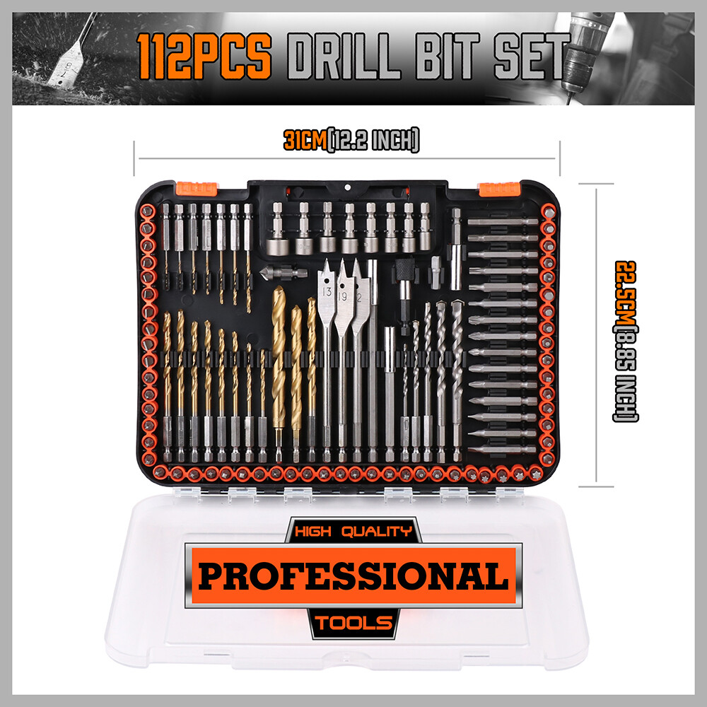 112PC Drill Bits Spade Nut Driver Screwdriver Socket Set Magnetic 1/4″ Hex Shank