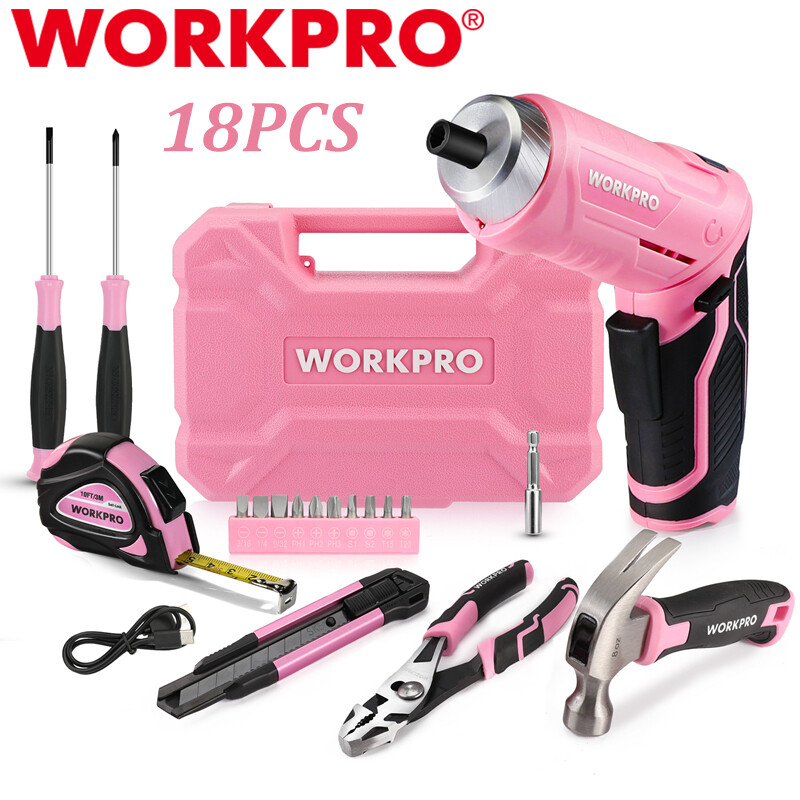 WORKPRO Electric Cordless Screwdriver Kit 18PC Home Tool Household Pink Tool Set