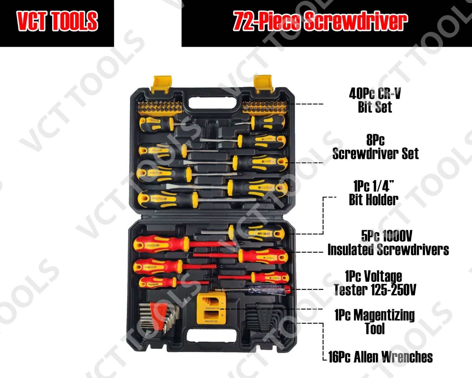 VCT 72pc Magnetic Screwdriver Set Flathead, Phillips, Hex Square Torx, Insulated