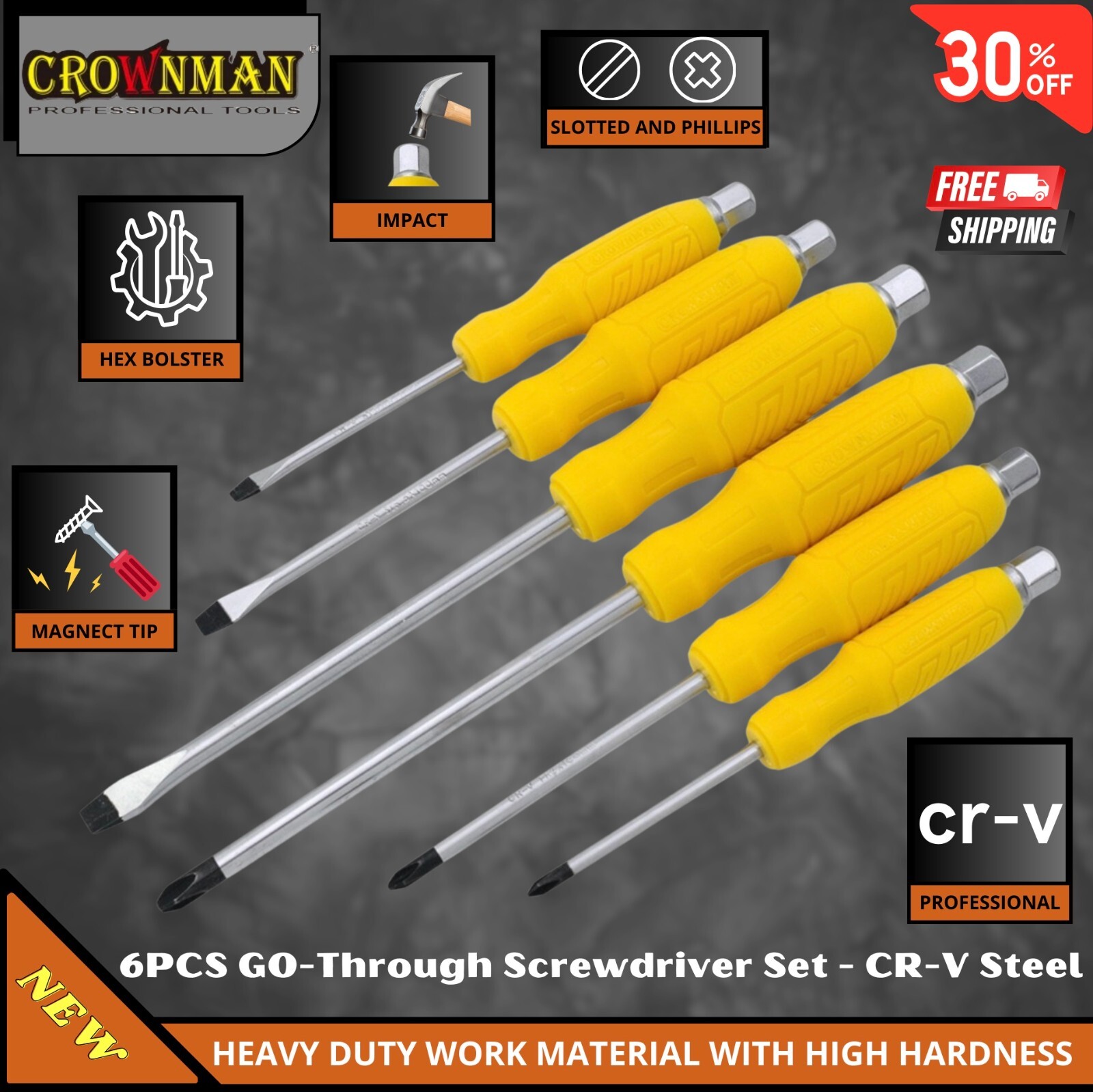 6-Piece Magnetic Screwdriver Set – Heavy Duty CR-V – 3 Phillips & 3 Flathead