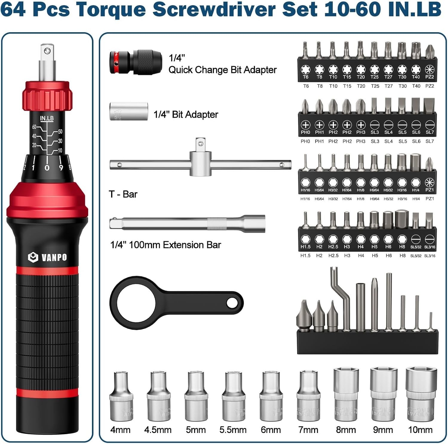 Torque Screwdriver Set, 10–60 in-lb, 64 Pcs 1/4″ Drive Torque Wrench Screwdriver