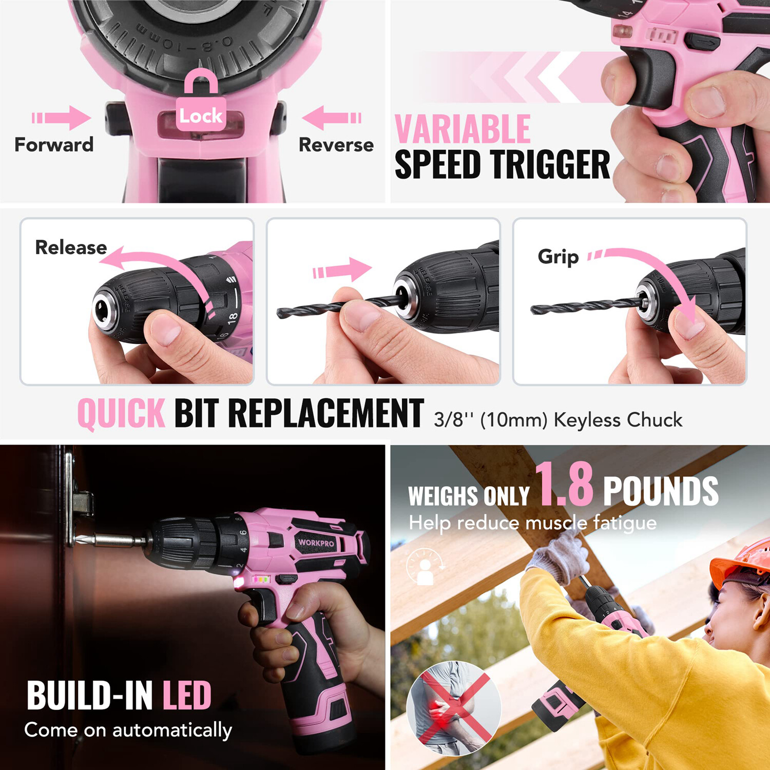 WORKPRO Pink Tool Set with Power Drill 108PCS Portable 1.5 Ah Cordless Drills