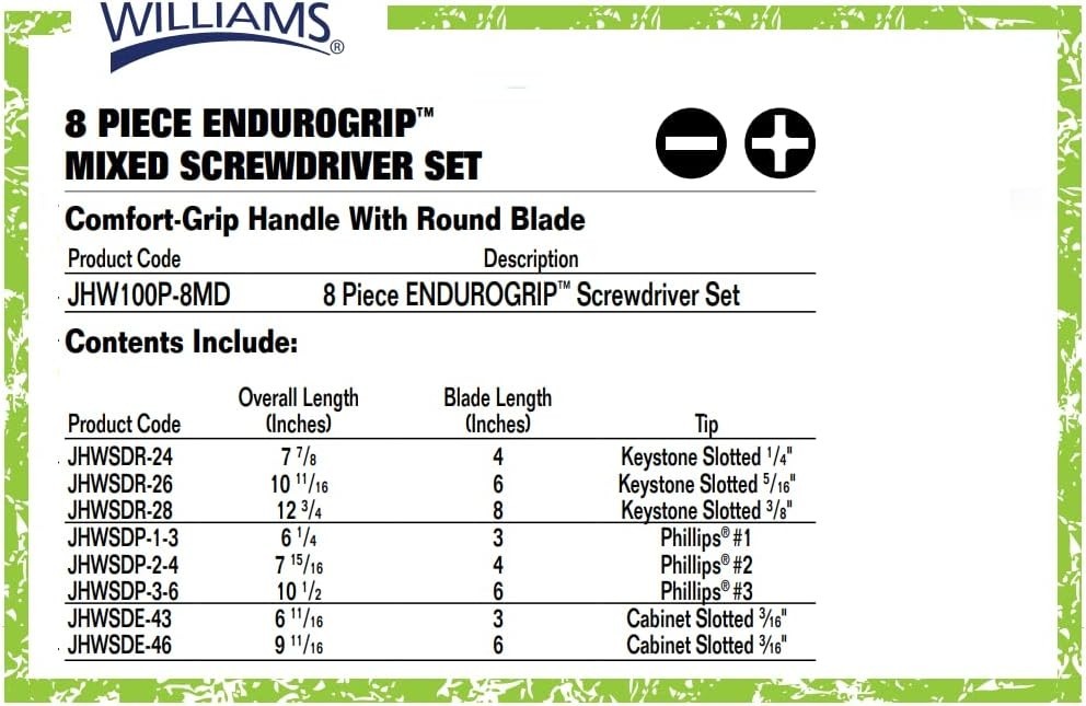 Williams Endurogrip 8pc Mixed Screwdriver Set Phillips Slotted Comfort Grip