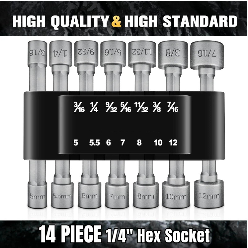 14pc POWER NUT Driver Bit Set Dual 1/4 Quick Change SAE & Metric MM Detent Shank