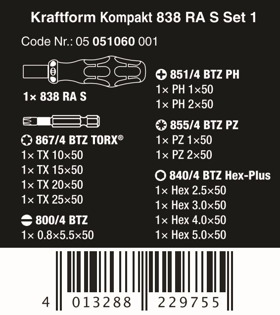 Wera Kraftform Kompakt 838 RA S Ratcheting Screwdriver Set 1 Metric 05051060001