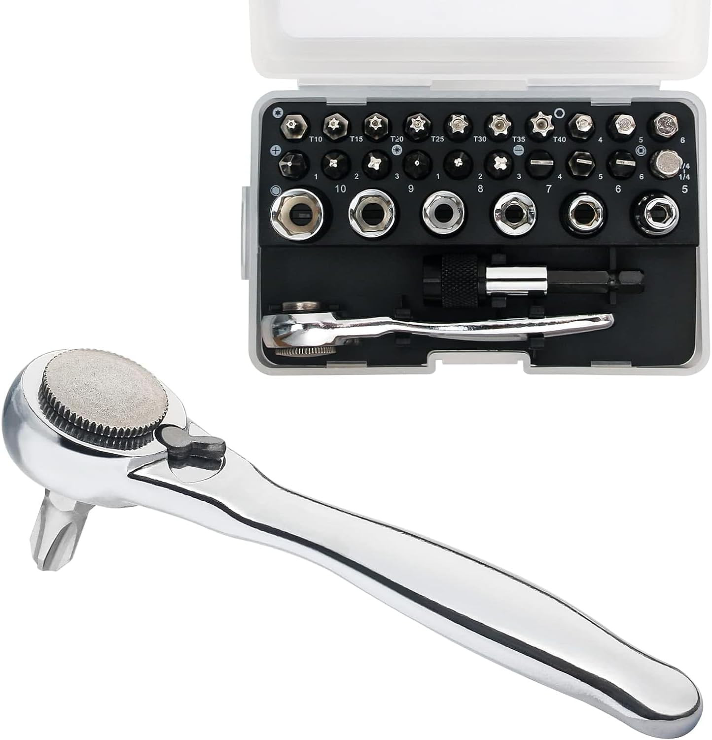 SHARDEN 1/4 Mini Ratchet Set 28Pcs Right Angle Screwdriver and Bit with Metric S