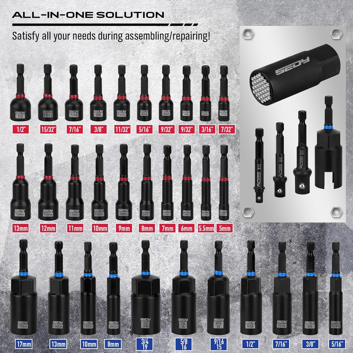 SEDY 80-Piece Magnetic Impact Nut Driver Set Metric SAE S2 Steel Cr-V 84099