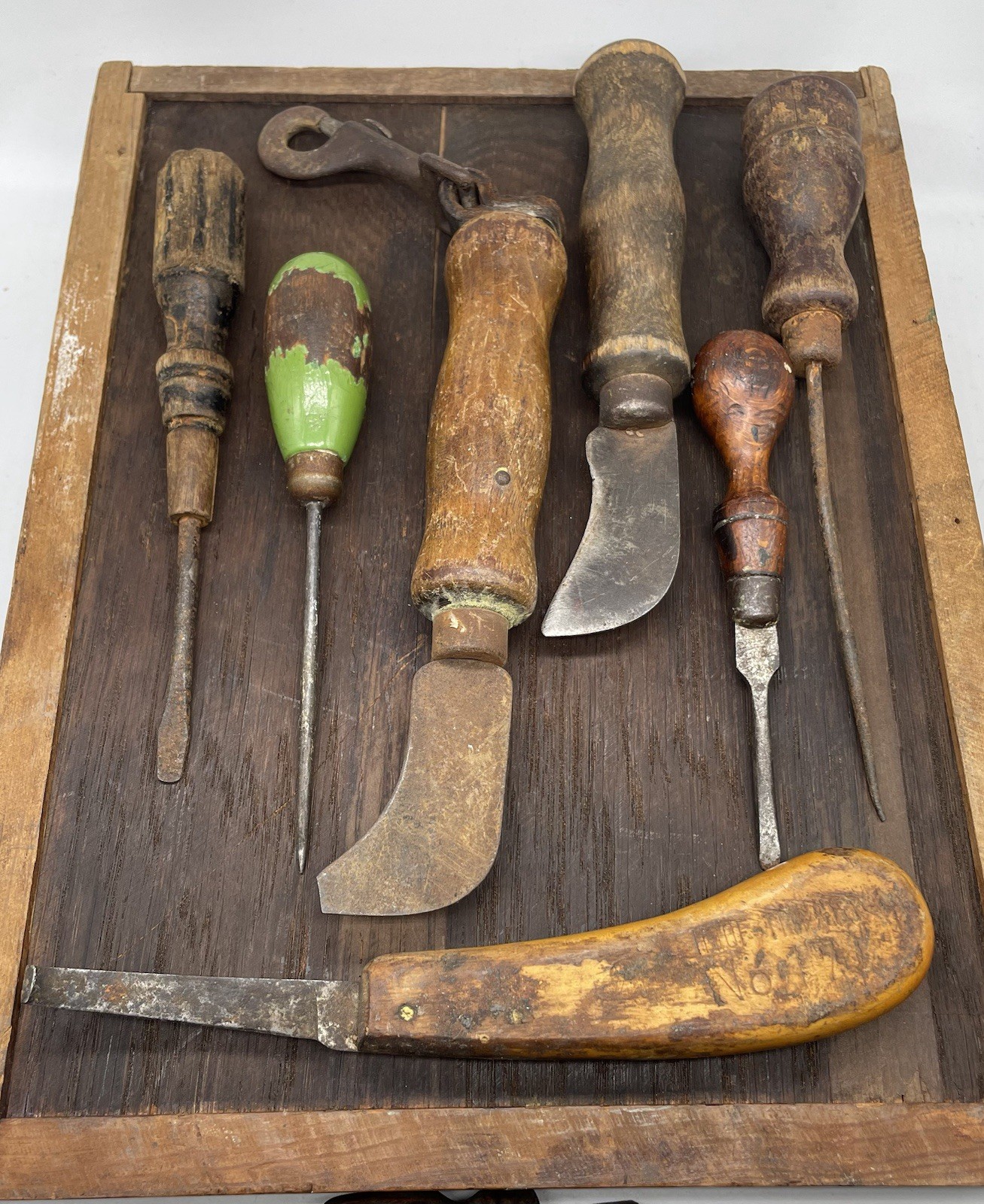 Antique Wood Handle Screwdrivers & Hand Tools In Primitive Wooden Box